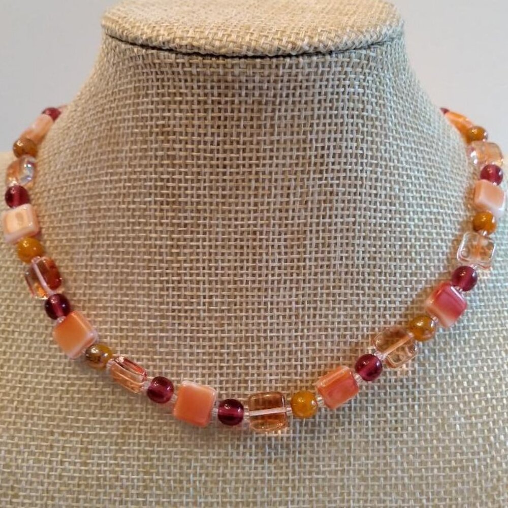 Orange Glass Bead and Gold tone Necklace